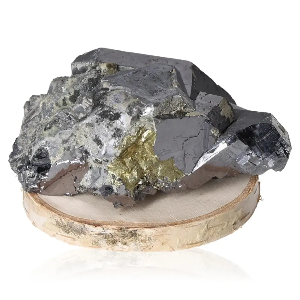 Galena with Sphalerite crystal on wooden base, showcasing unique natural mineral duo by Sylvia Crystals for spiritual growth and luxury.
