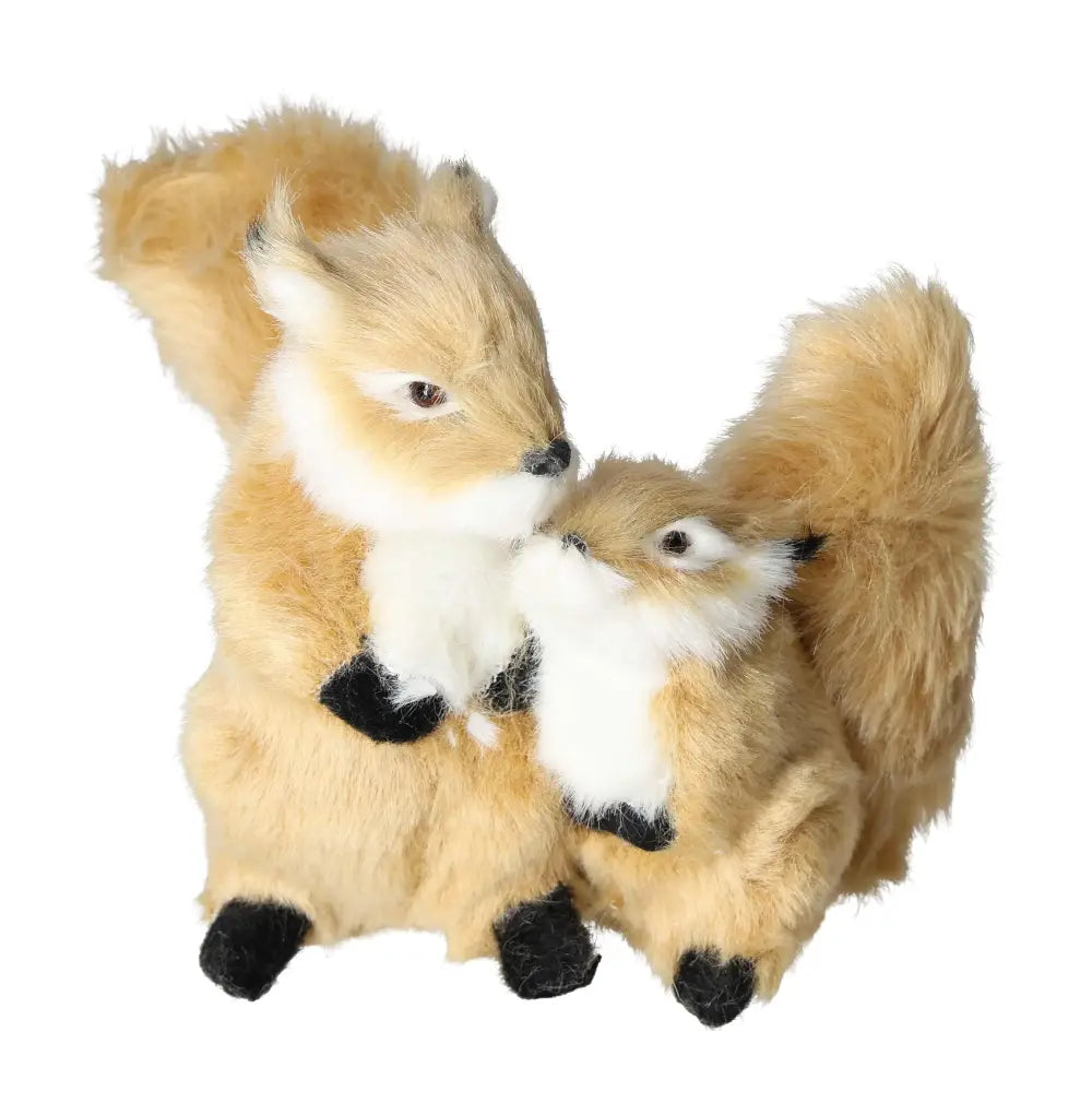 Pair of plush beige squirrels with fluffy tails, showcasing intricate details and lifelike expressions, perfect for home decor.