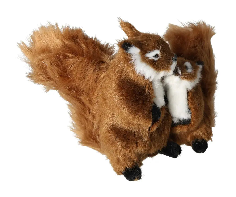 Pair of realistic brown plush squirrels with bushy tails, perfect for home decor and adding a touch of nature to any space.