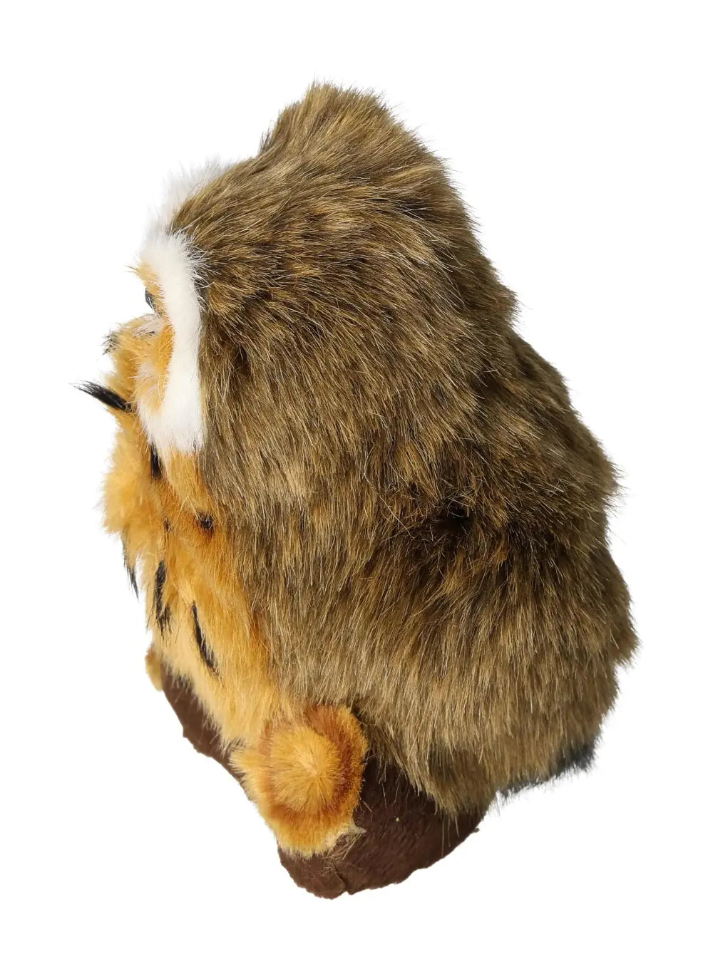 Side view of a Brown Home Decor Owl by Sylvia Crystals, showcasing its soft fur texture, perfect for adding elegance and wisdom to your space.