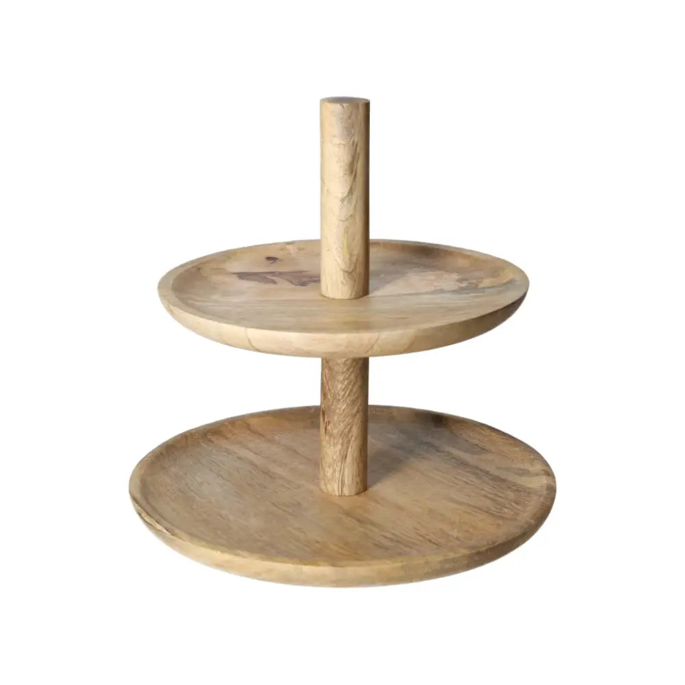 Natural wooden 2-tier cake stand, perfect for elegant dessert display, made with Sylvia Crystals craftsmanship, 33 cm tall.