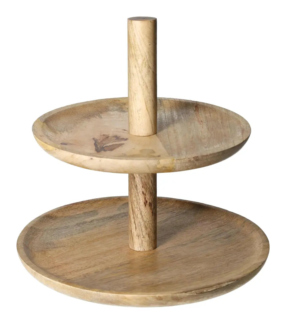 Elegant 2-tier wooden cake stand, 33 cm, showcasing natural finish, perfect for displaying desserts at special occasions.
