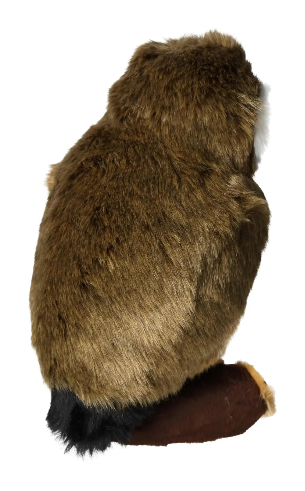 Plush brown stuffed owl toy on a branch, showcasing realistic fur texture, back view.