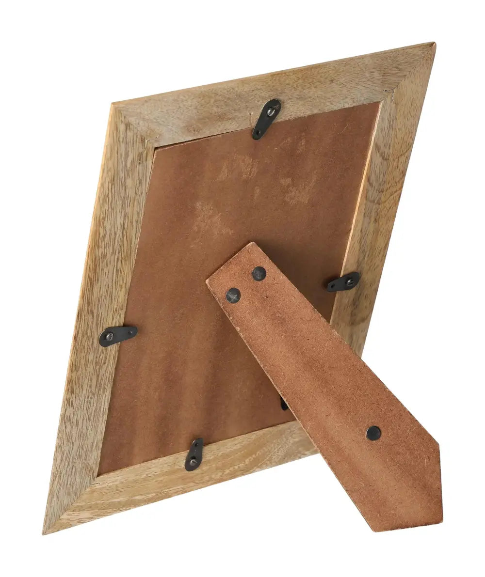 Back view of wooden photo frame Malpais 23 cm with an inlay section for 13x18 cm photos, showcasing its stand and rustic finish.