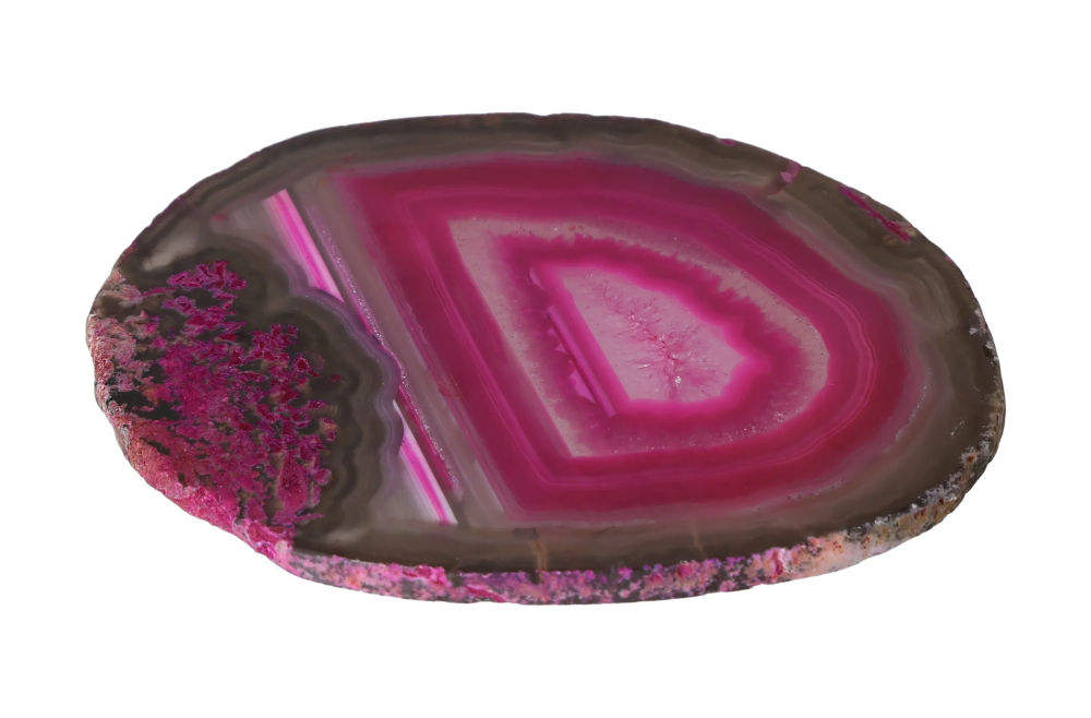 Polished Agate Slice With Quartz 635141 featuring vibrant pink hues and intricate banding.