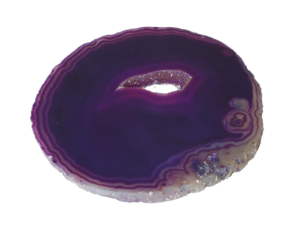 Polished Agate Slice 635158 featuring a vibrant purple hue with natural striations, perfect for decor or jewelry projects.