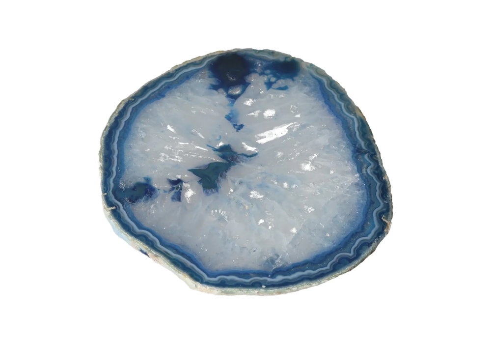 Polished Agate Slice 635288 featuring blue and white crystalline patterns, perfect for home decor or collecting.
