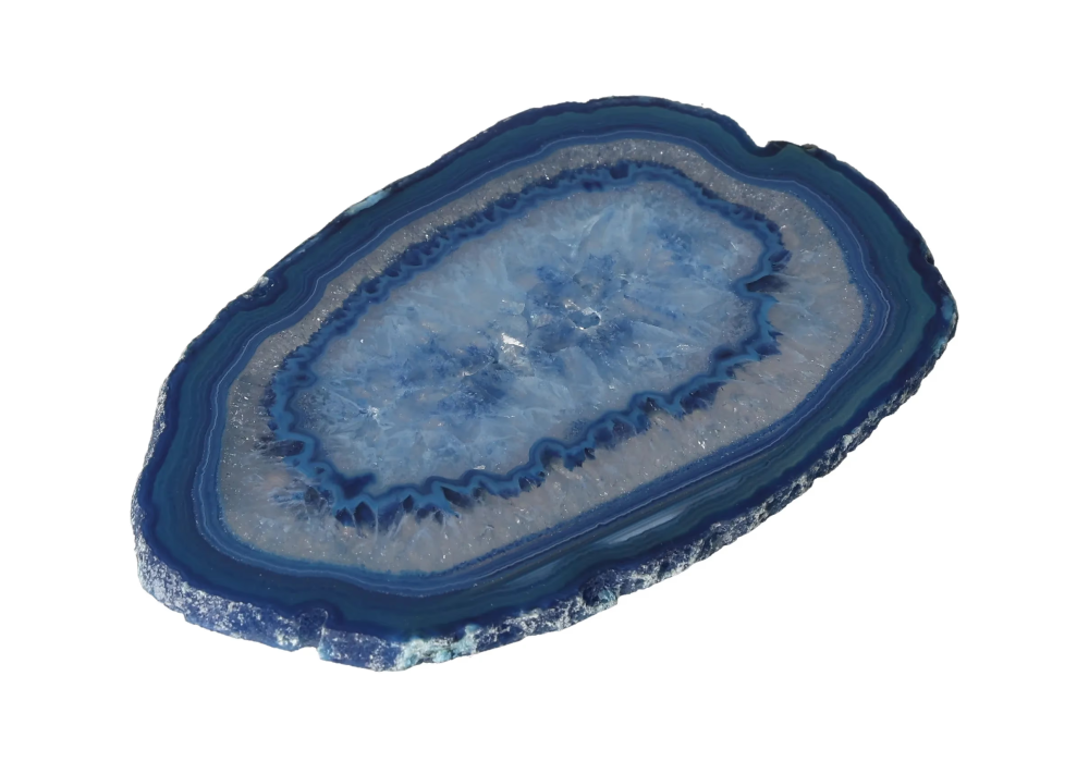 Polished Agate Slice 635288 showcasing blue concentric patterns on a white background