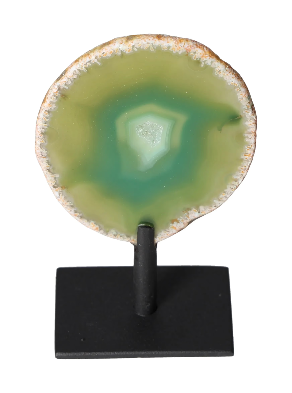 Thin Agate Slice Iron Base 635547 for calming and balance on black stand.