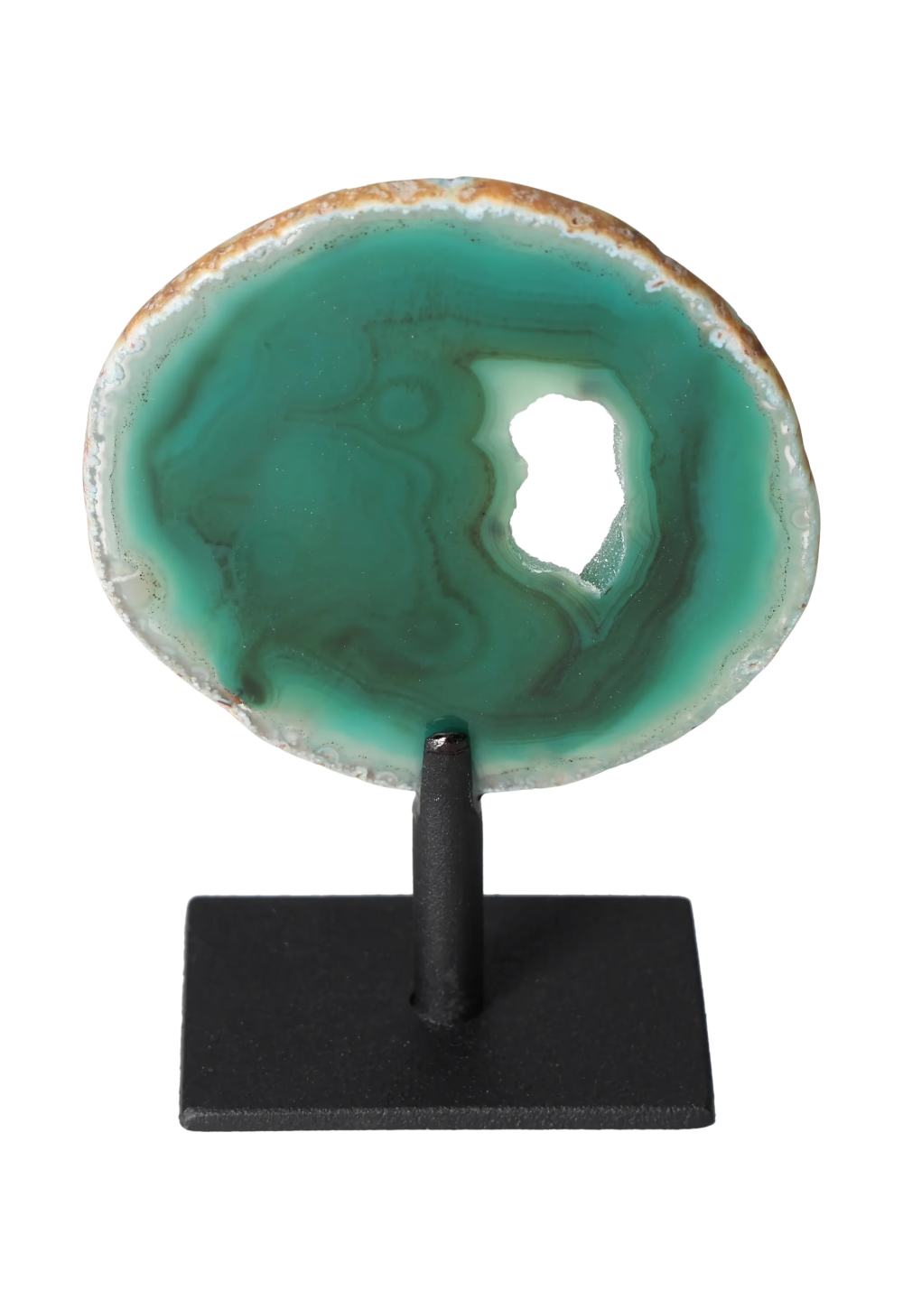 Thin Agate Slice Iron Base 635554, a calming green agate stone on iron stand, enhances harmony and balance.