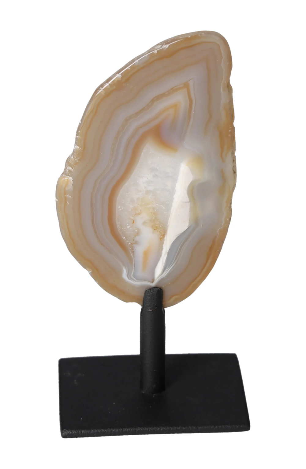 Thin Agate Slice With Quartz Iron Base 635561 on display, known for harmonizing energy and providing a calming, grounding effect.