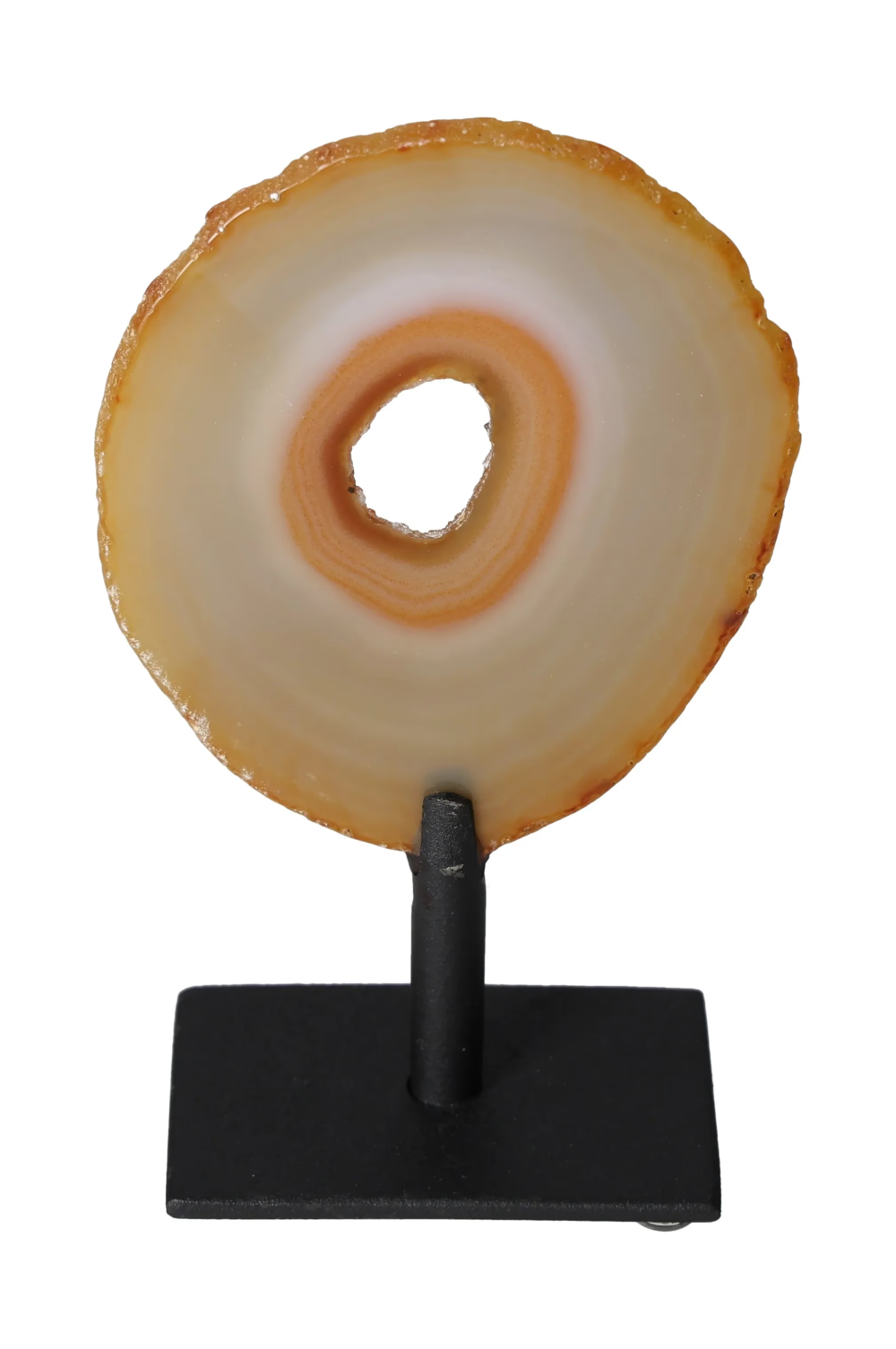 Thin Agate Slice Iron Base 635585 on display, providing harmony, balance, and calming energy for body, mind, and emotions.