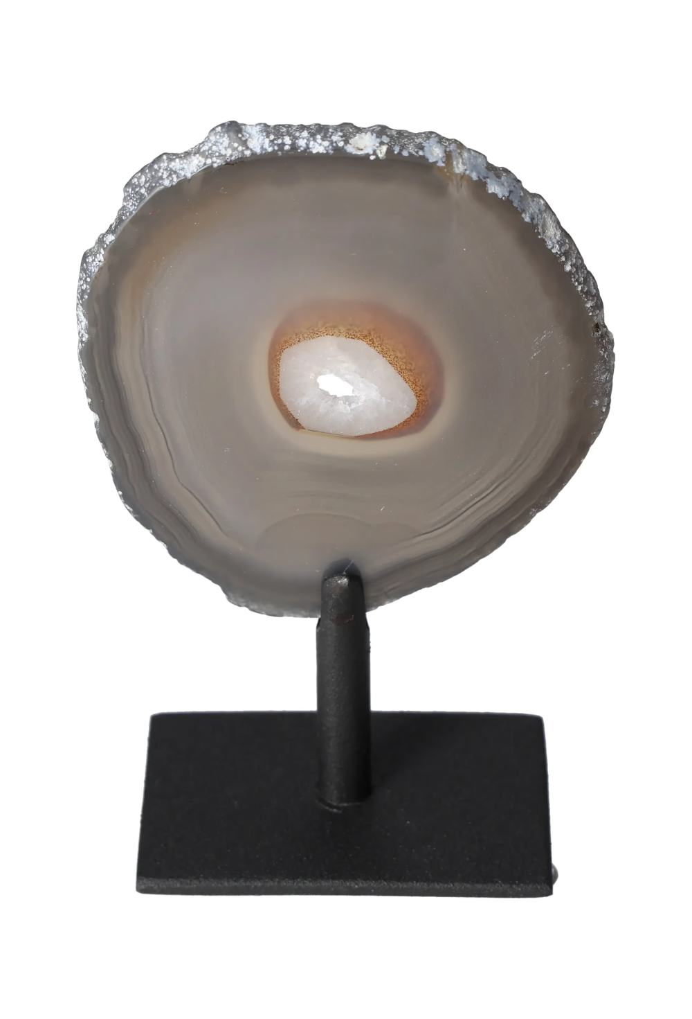 Thin Agate Slice Iron Base 635592 on display, known for balancing energy and providing a calming effect.