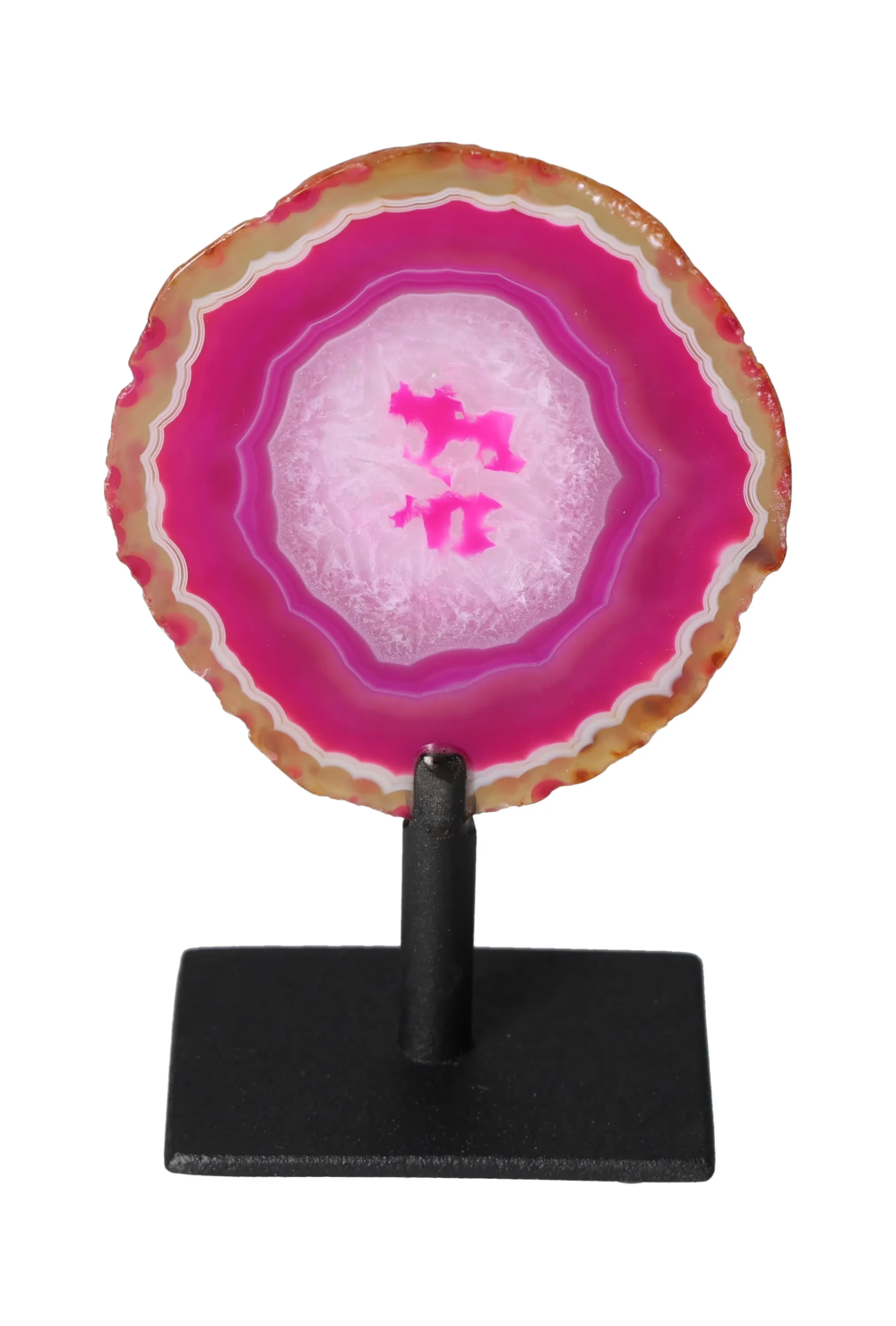 Thin Agate Slice With Quartz Iron Base 635608 providing calming energy on display stand.