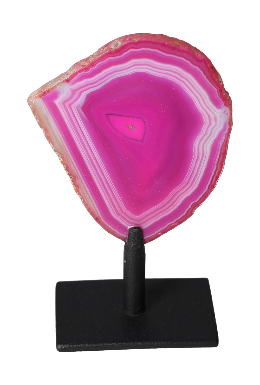 Thin Agate Slice Iron Base 635622, vibrant pink agate stone with black stand, enhances energy balance and provides grounding and calmness.