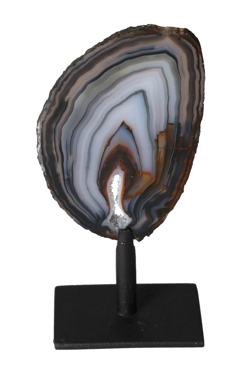 Thin Agate Slice Iron Base 635639 on display, showcasing its calming and harmonizing properties for body, mind, and emotions.