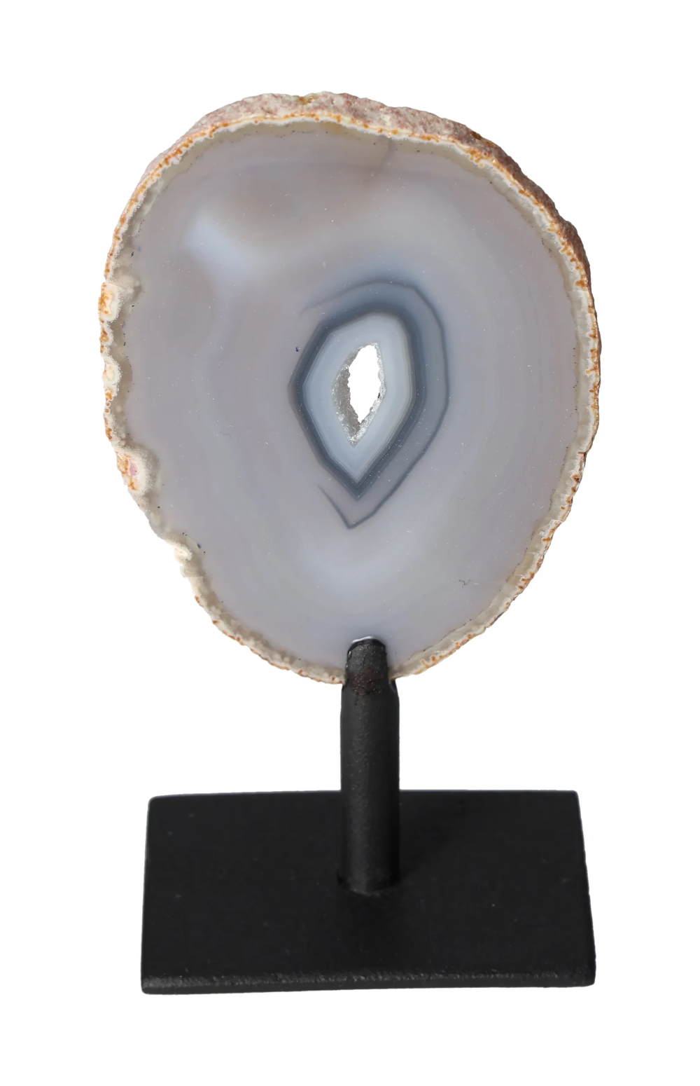 Thin Agate Slice Iron Base 635639 on display, known for energy harmonization and providing security and grounding.