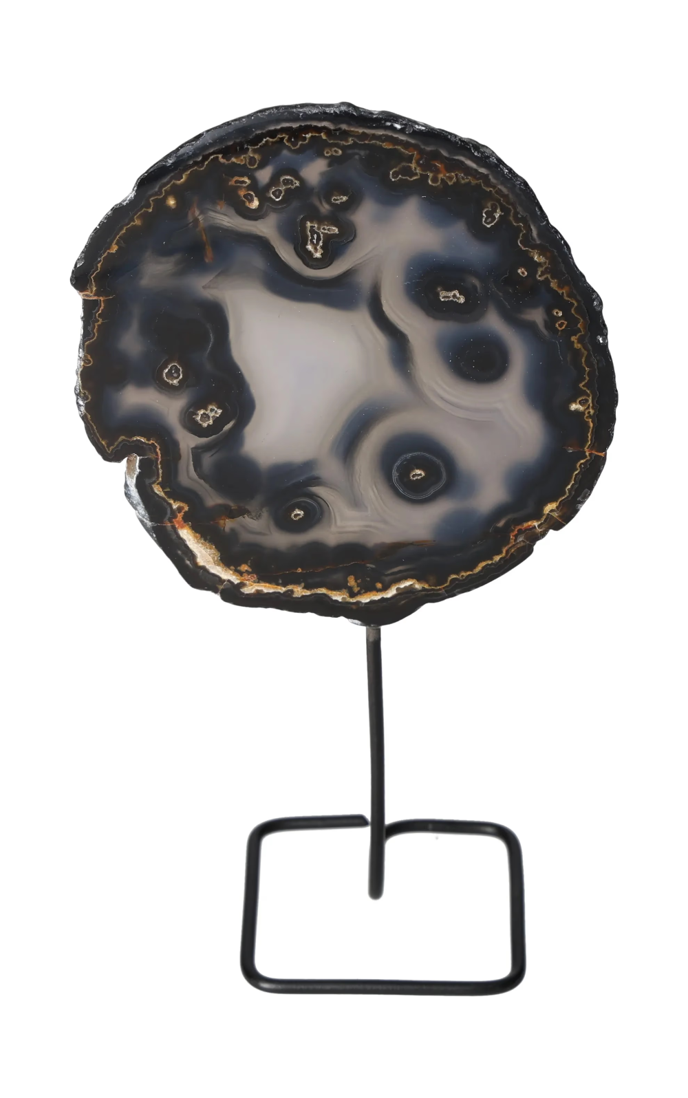 Thin Agate Slice Iron Base 635660 with natural patterns for energy balance and calming, displayed on a sleek iron base.