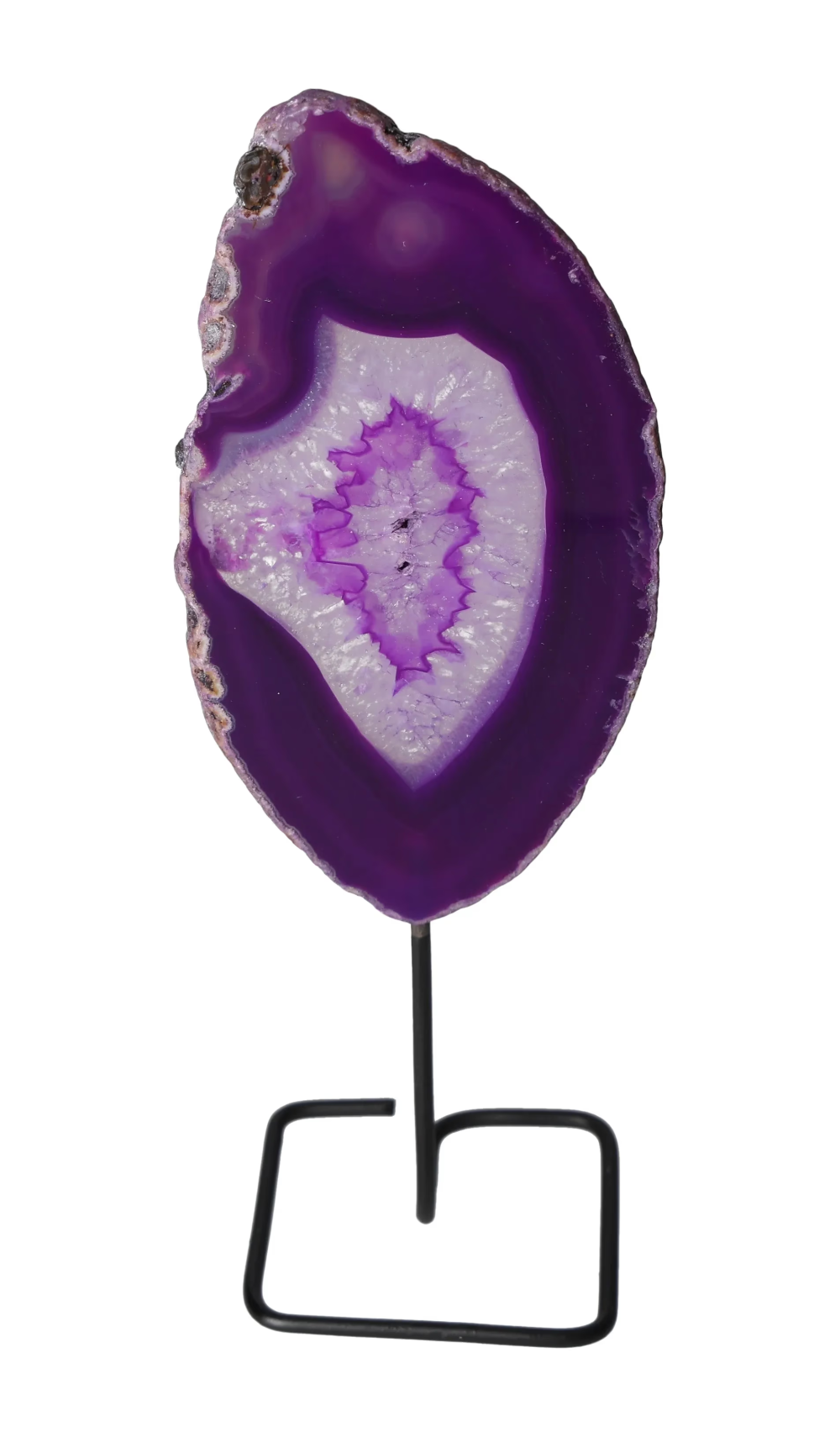 Purple Thin Agate Slice Iron Base 635677 on display, known for calming and balancing energy