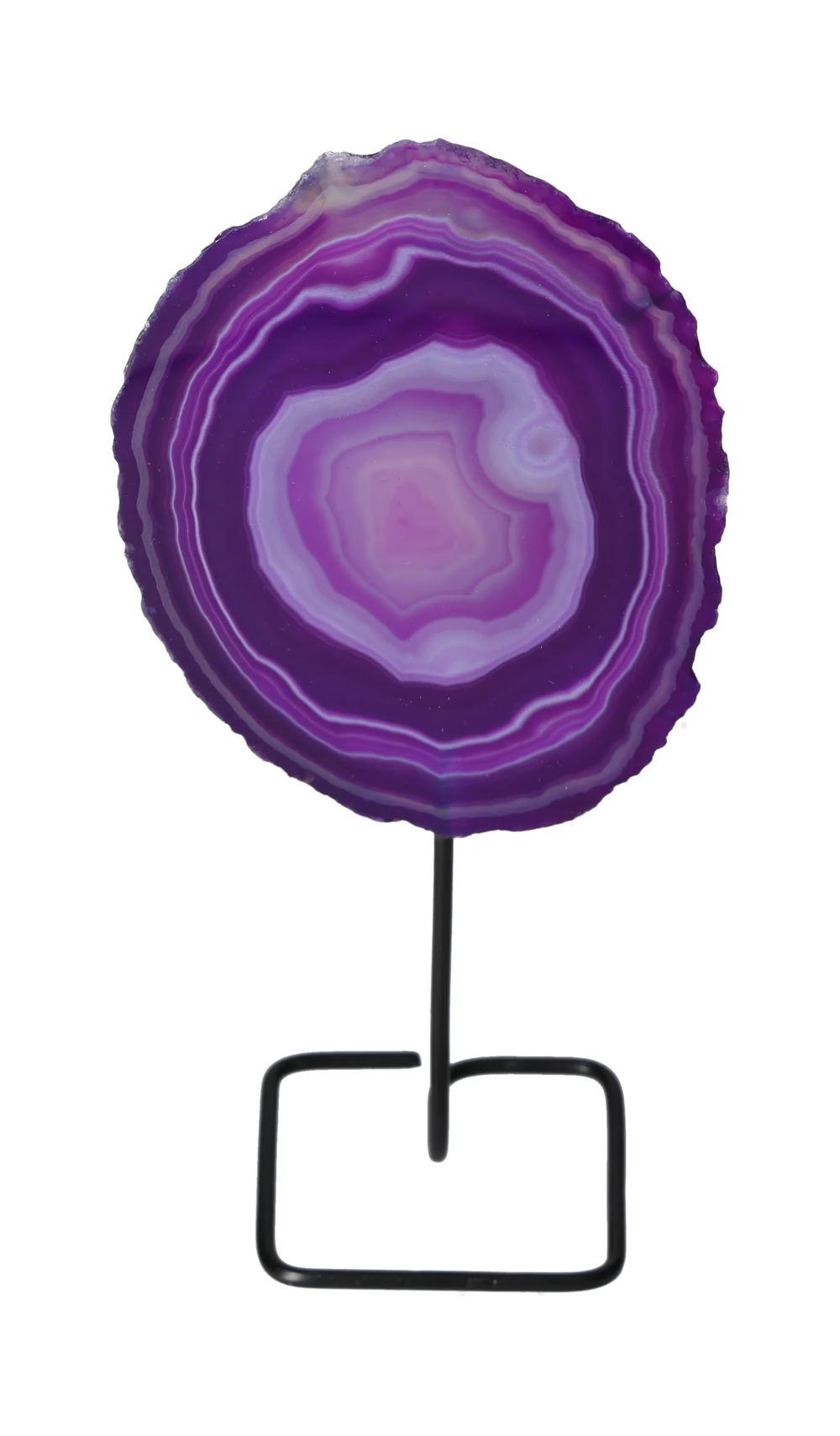 Thin Agate Slice Iron Base 635677 with purple bands for harmonizing energy and providing grounding.