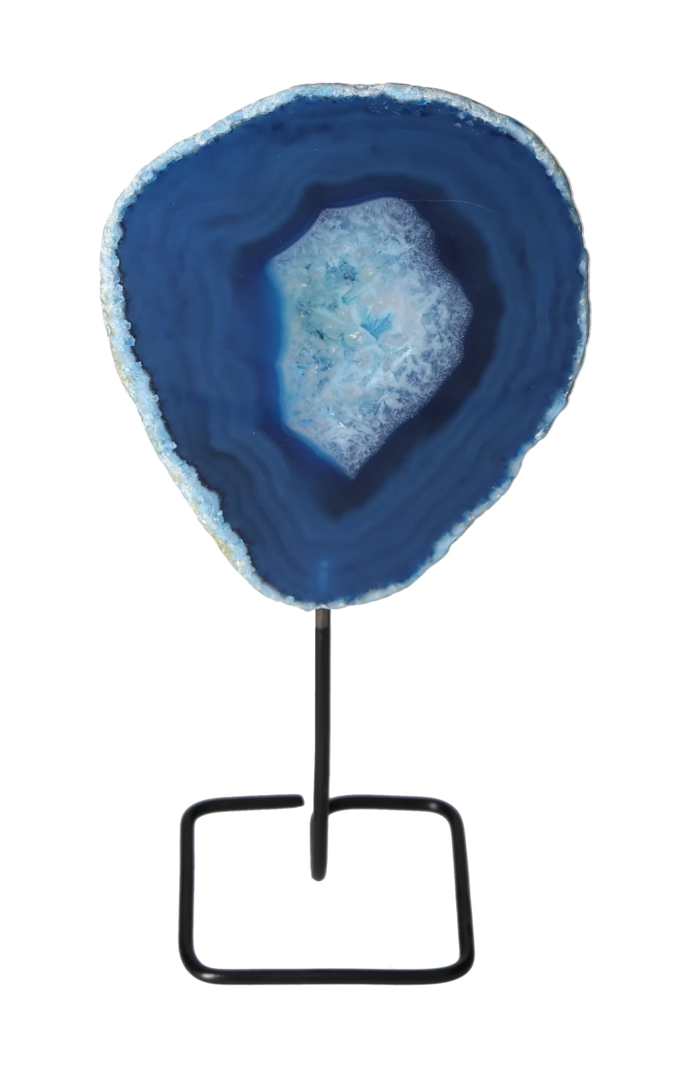 Thin Agate Slice Iron Base 635684 displaying blue hues for energy balance and calming effects.