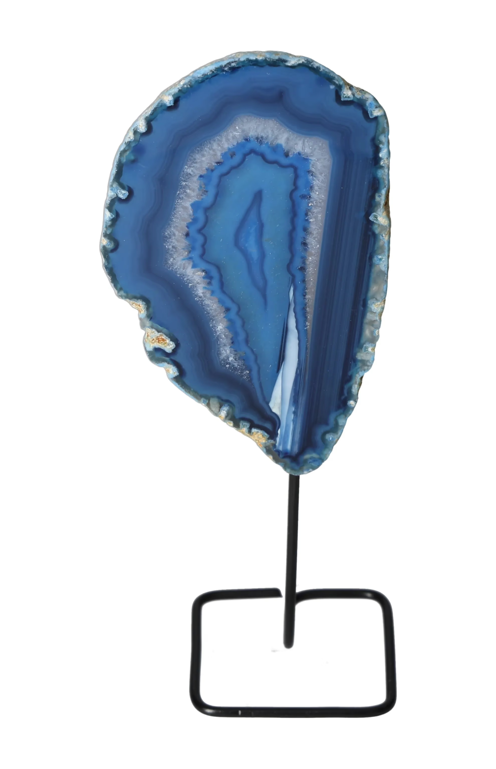 Thin Agate Slice Iron Base 635684, blue agate stone on iron stand, harmonizing energy and balance