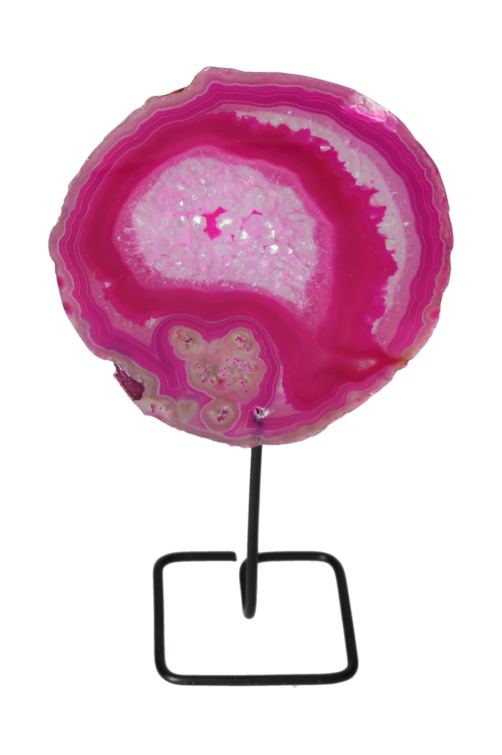 Thin Agate Slice Iron Base 635707 offering balance and calm, placed on iron stand, vibrant display piece for energy harmonization.