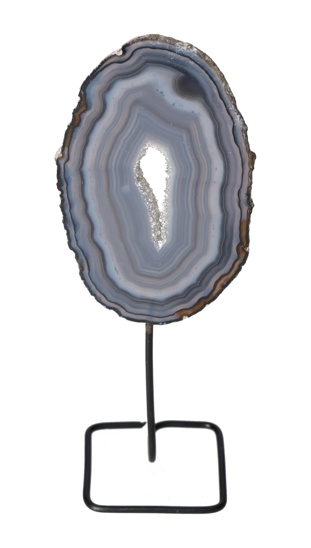 Thin Agate Slice Iron Base 635714 standing on a decorative iron base, showcasing its balancing and calming properties.