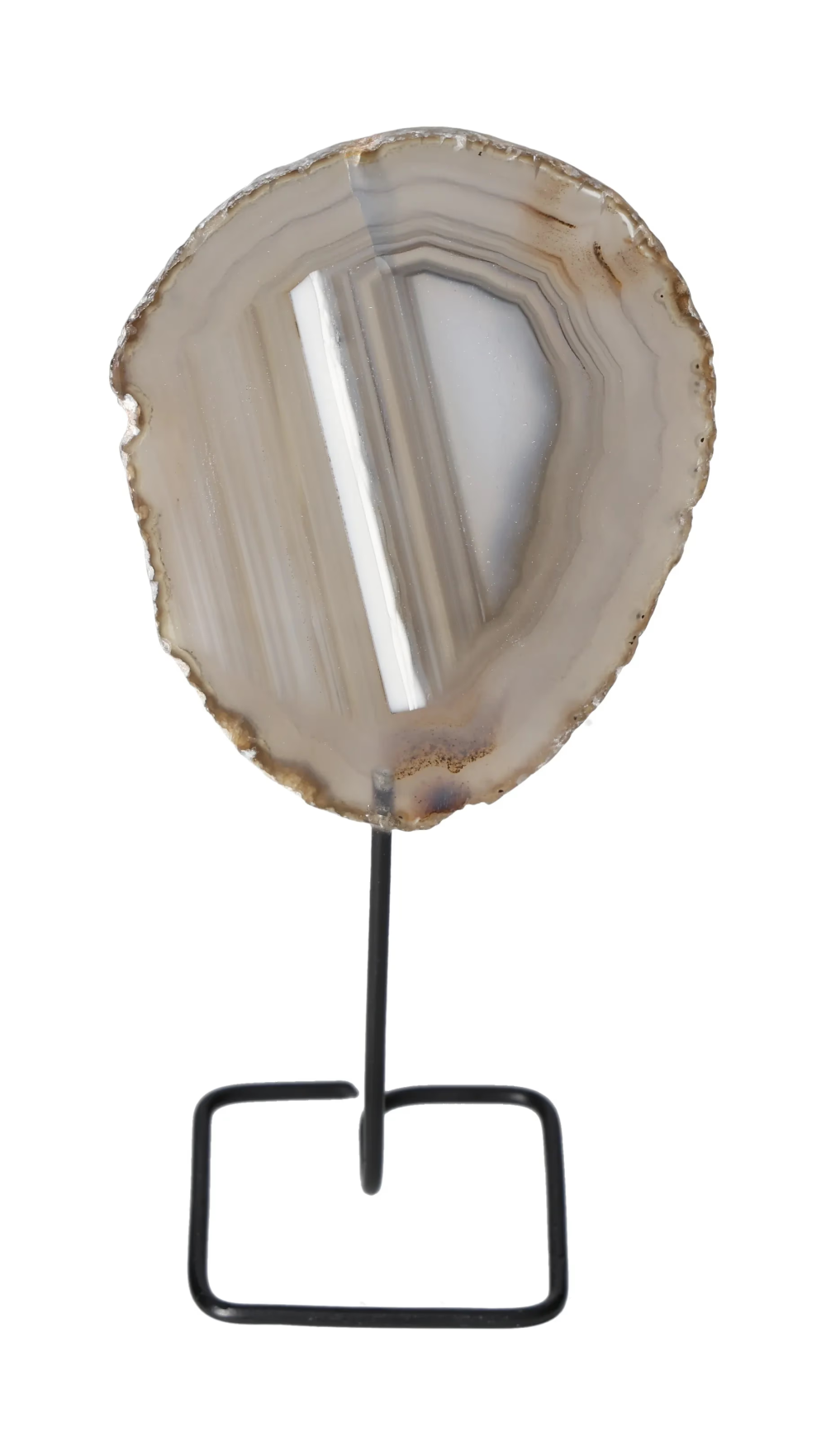 Thin Agate Slice Iron Base 635714 for balance and grounding, enhancing energy harmony with elegant display on iron base.