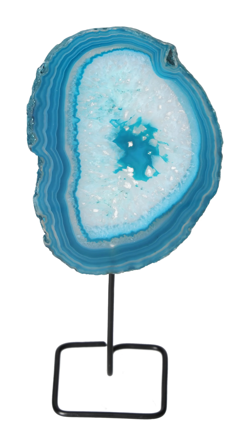 Thin Agate Slice Iron Base 635721 - Blue agate stone on metal stand for energy balance and grounding.