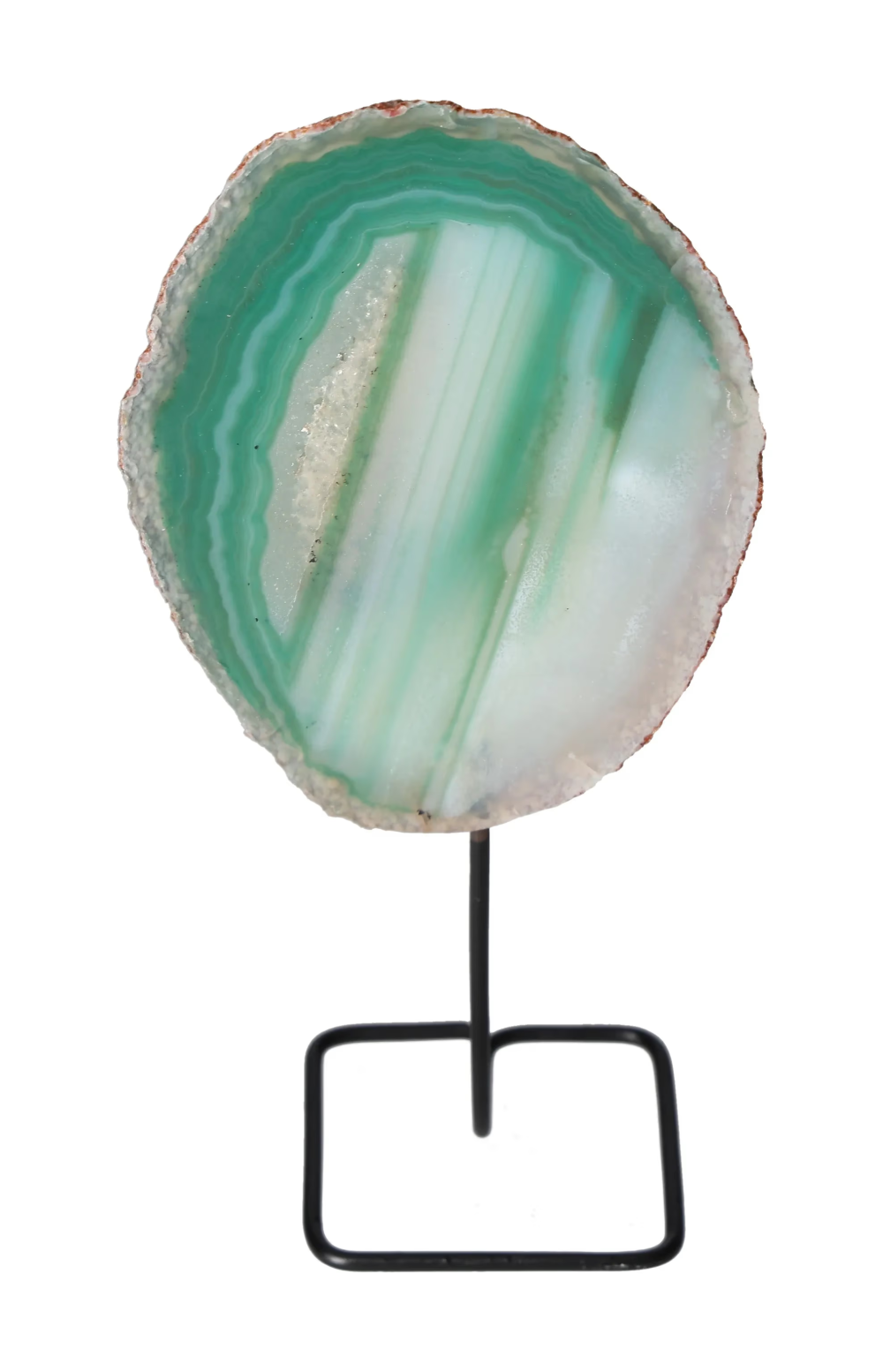 Thin Agate Slice Iron Base 635738 on display, harmonizing energy, balancing body, mind, and emotions with calming effects.