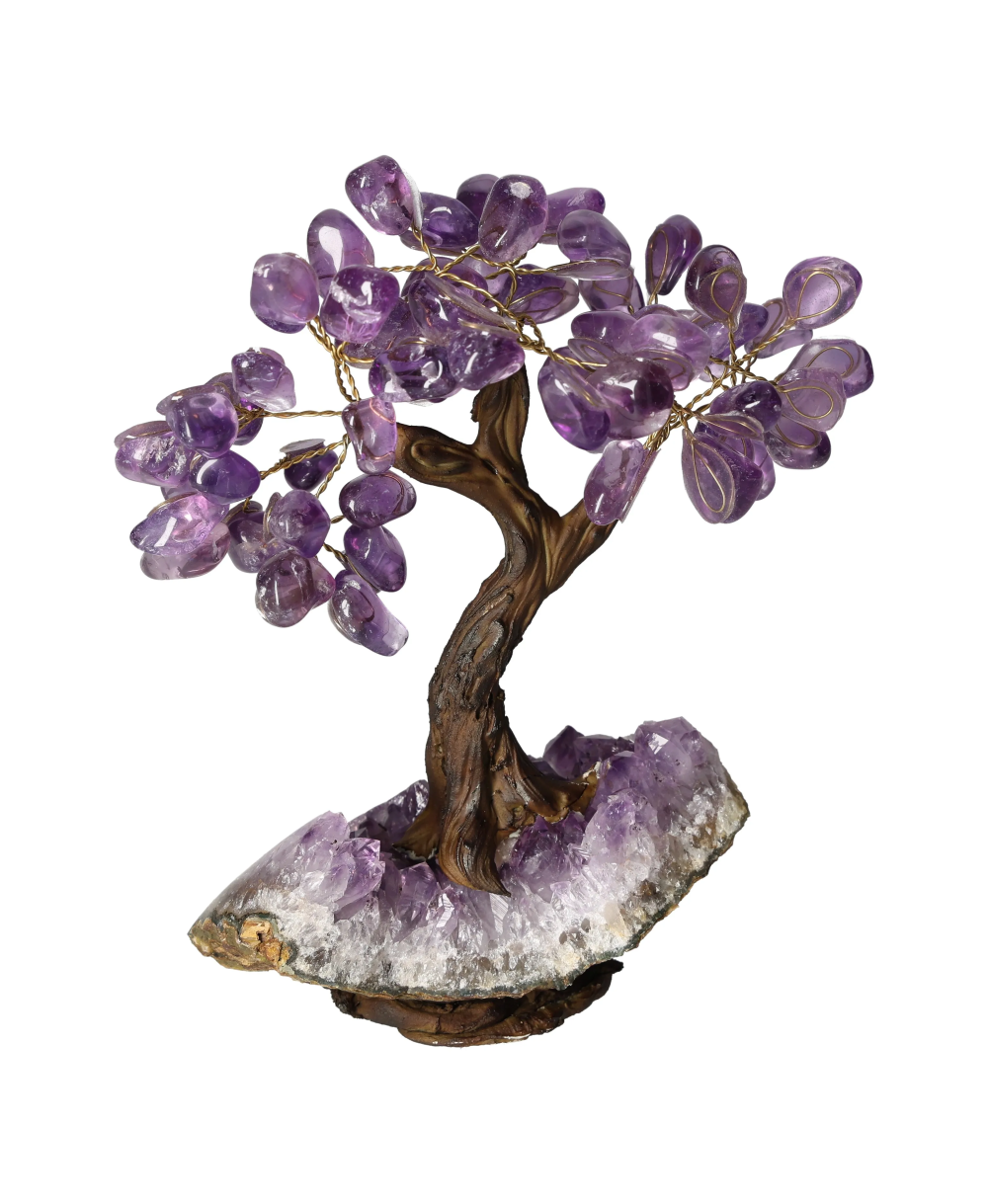 Amethyst Tree 18 cm 636063 with purple stones on a natural base, promoting creativity and clear thinking.