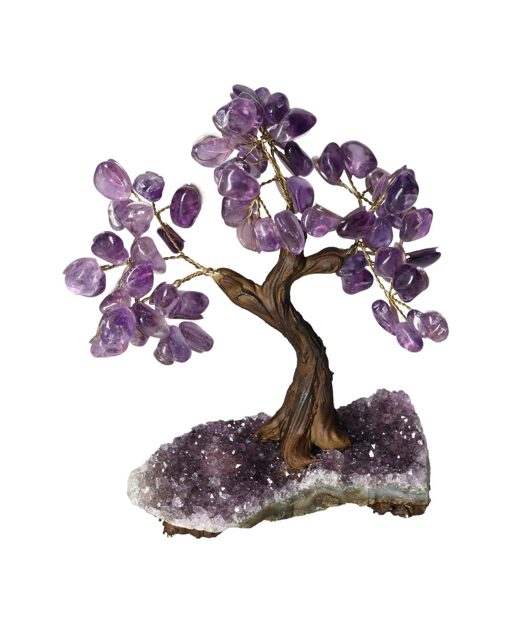 Amethyst Tree 18 cm 636063 with purple gemstone leaves promoting creativity and clear thinking on a mineral base.