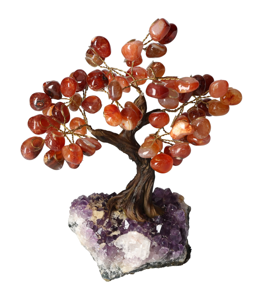 Decorative Cornelian Tree 18 cm 636087 with Carnelian stones boosting energy and motivation, set on an amethyst base.