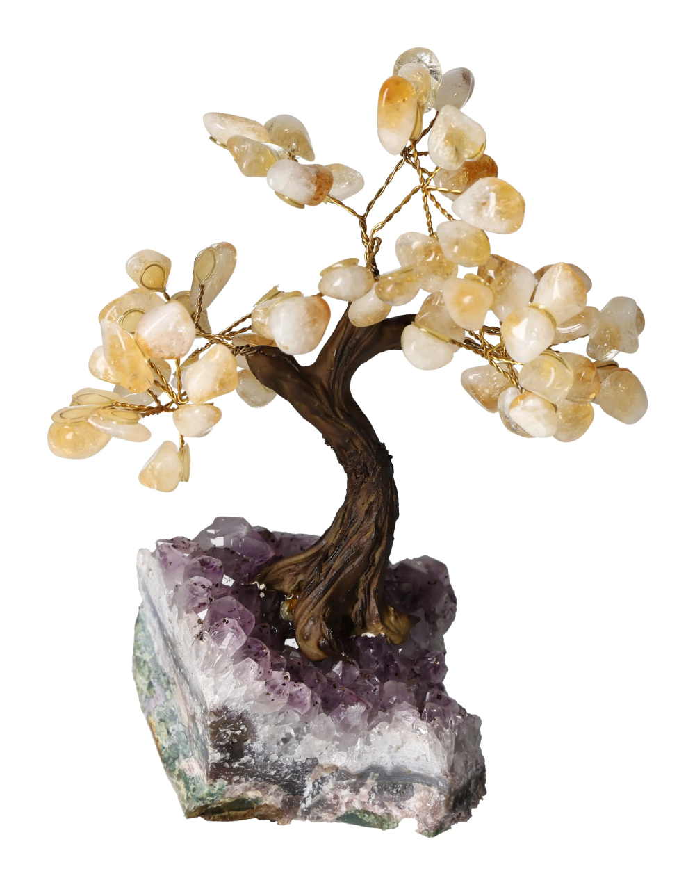 Citrine Tree 18 cm 636100 on amethyst base, sparks creativity and motivation, enhances abundance and positivity, ideal for new ventures.