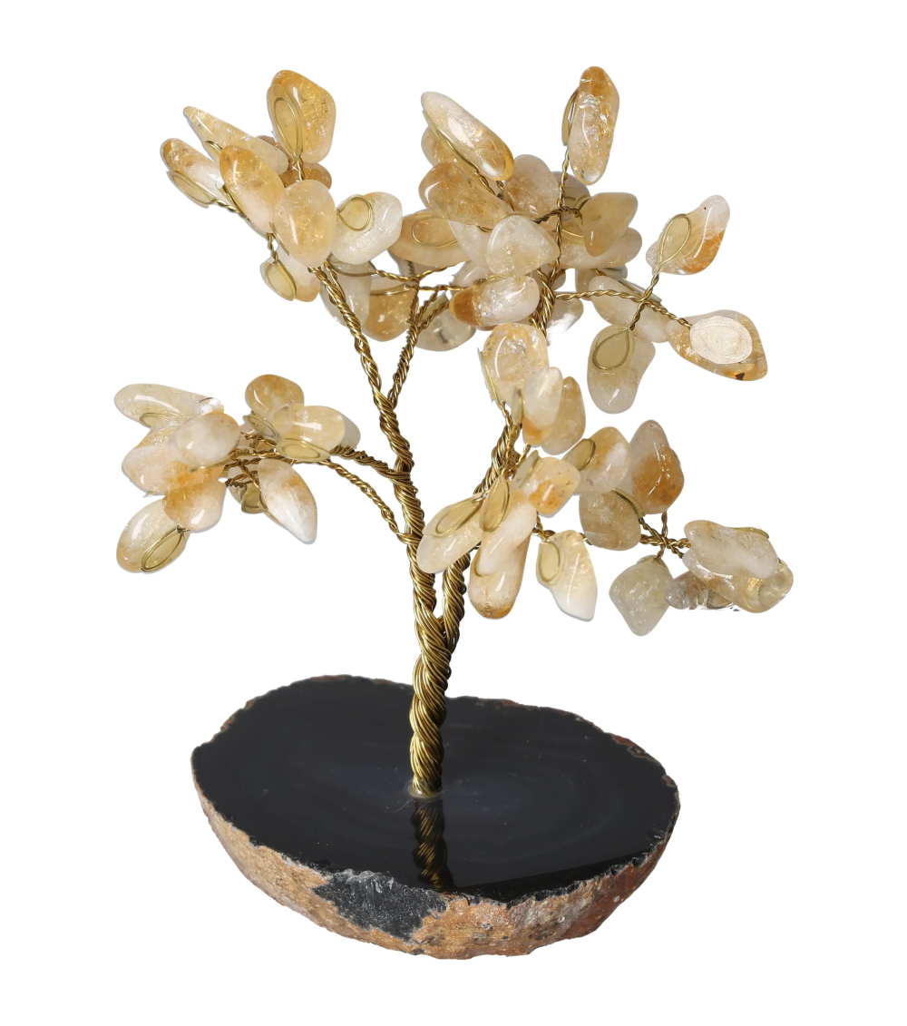 Citrine Tree Wire Agate Base 15 cm 636117 with sparkling stones on a dark agate base, symbolizing wealth and positive energy.