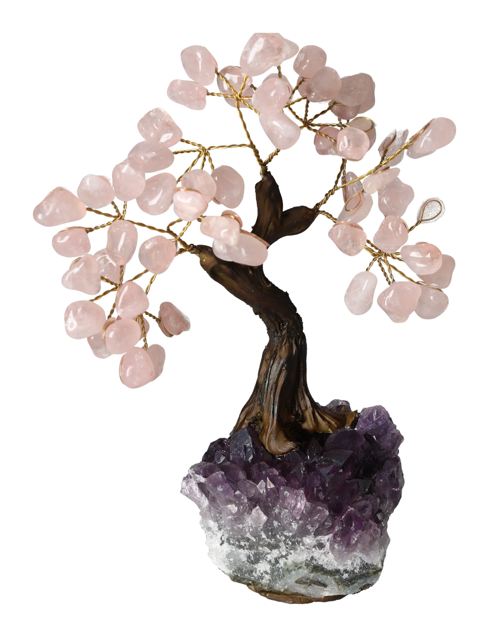 Rose Quartz Tree 18 cm 636131 on amethyst base displaying pink gemstone branches symbolizing love and emotional healing.
