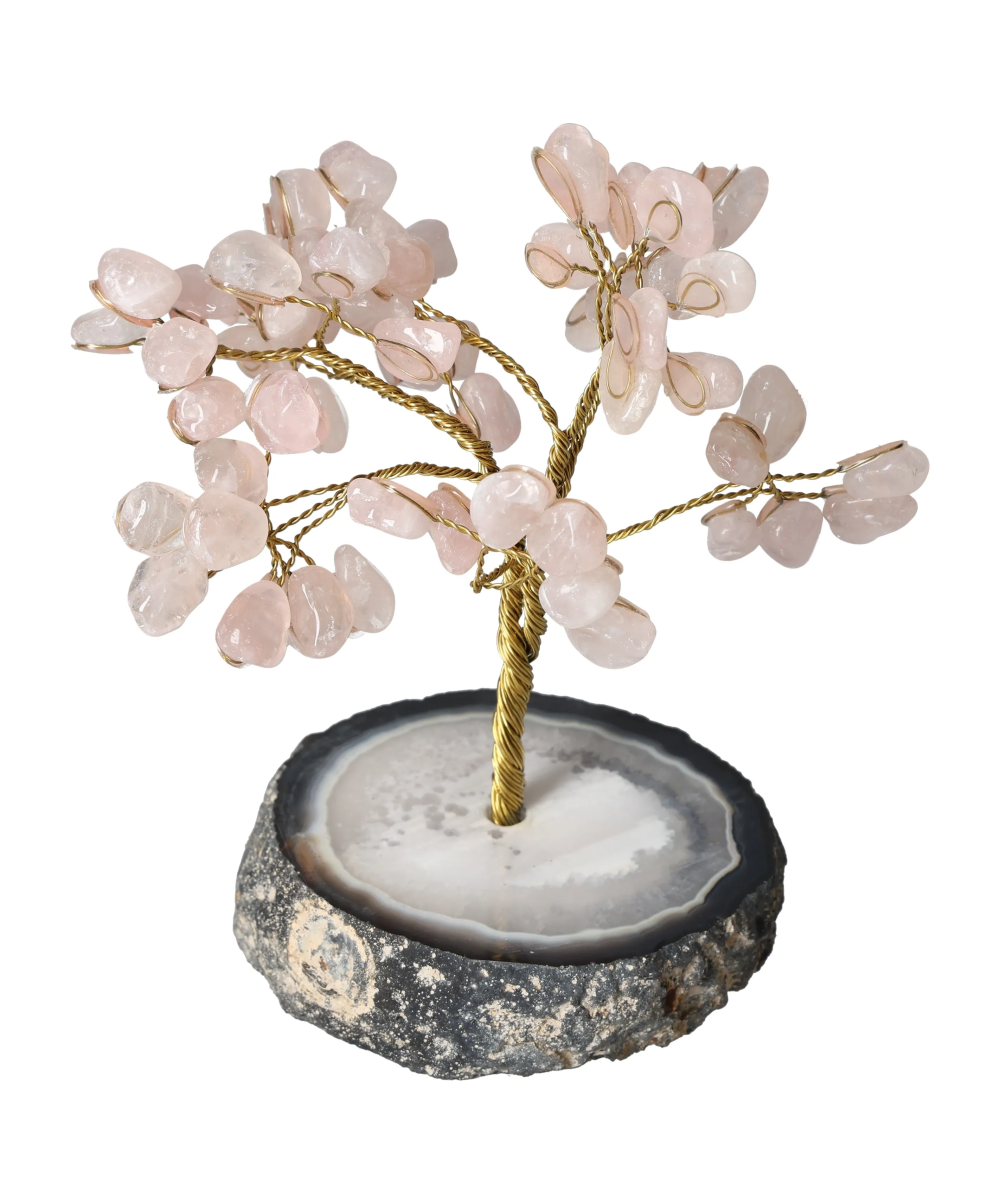 Rose Quartz Wire Agate Base Tree 15 cm 636148 with soft pink crystals and healing properties on a natural agate base.