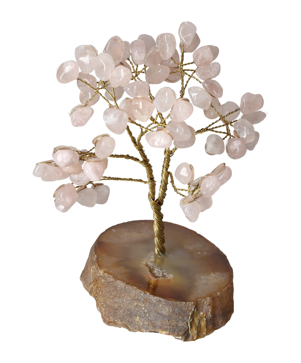 Rose Quartz Wire Agate Base Tree 15 cm 636148 showcasing stones symbolizing love and emotional healing, on a sturdy agate base.