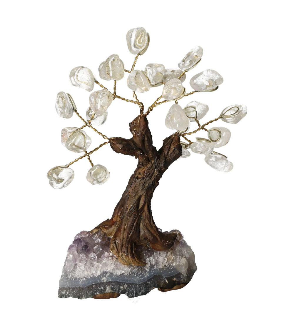 Clear Quartz Tree 13 cm 636162 featuring crystal branches and a stone base, representing chakra alignment and zodiac energy balance.