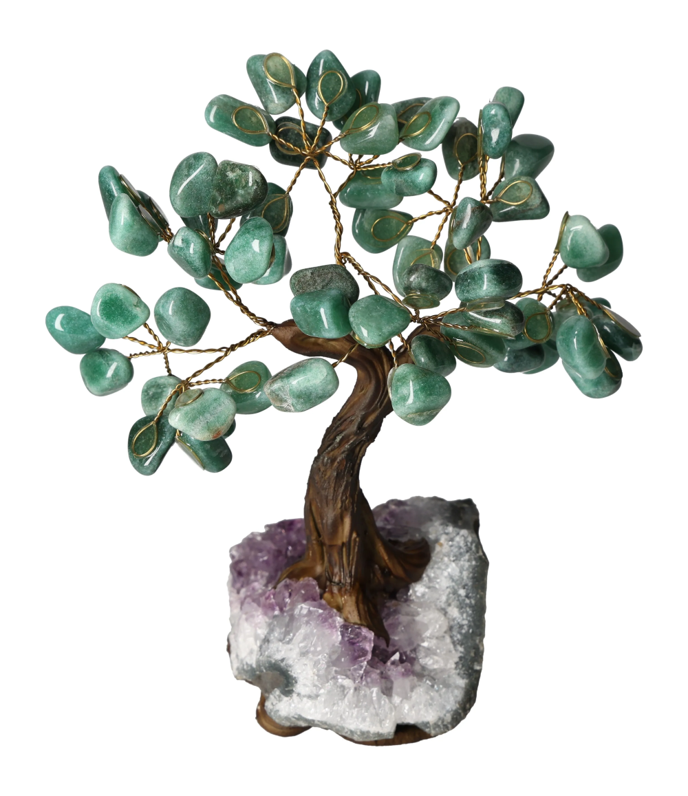 Green Quartz Tree 18 cm 636179 on a natural amethyst base with wire branches and green gemstone leaves