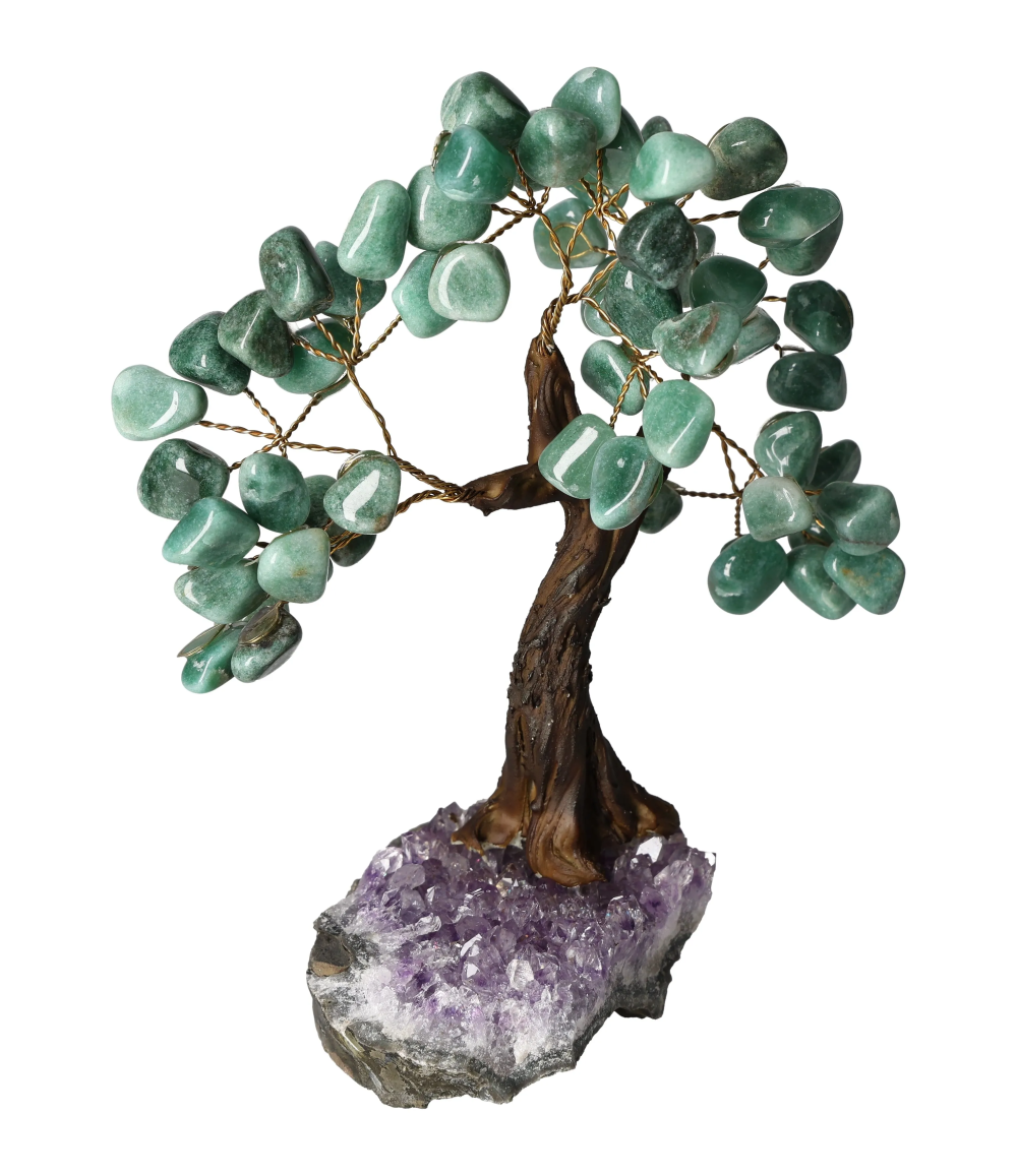 Green Quartz Tree 18 cm 636179 with gemstone leaves on a mineral base.