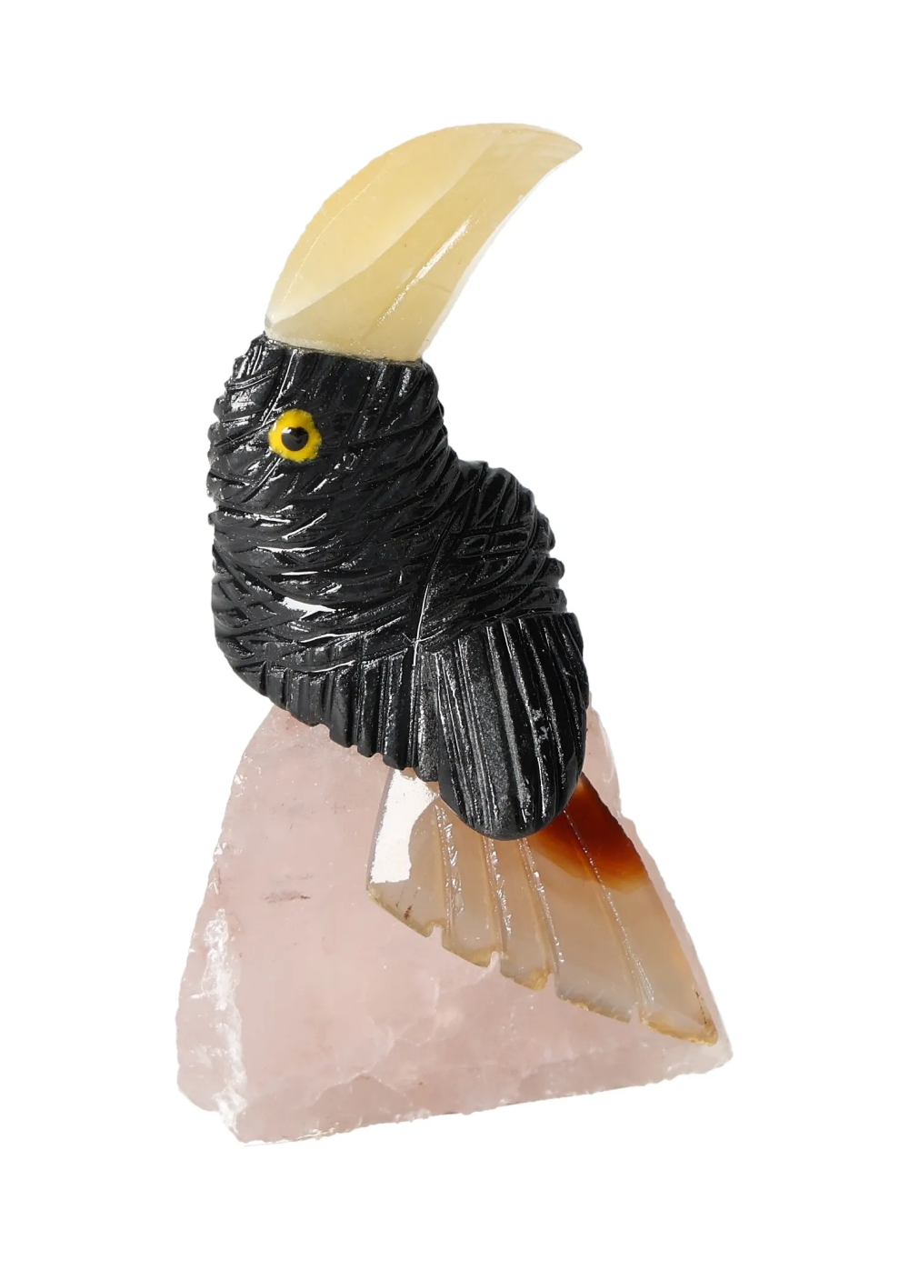 Black Calcite Toucan on Quartz 636216 sculpture enhancing self-confidence and motivation, ideal for learning and concentration.