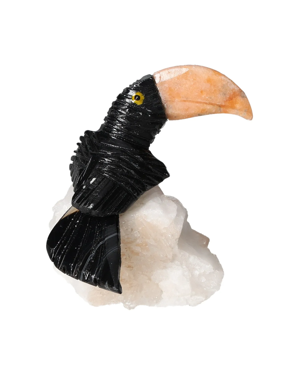 Black Calcite Toucan on Quartz 636230 sculpture for positivity and motivation enhancement.