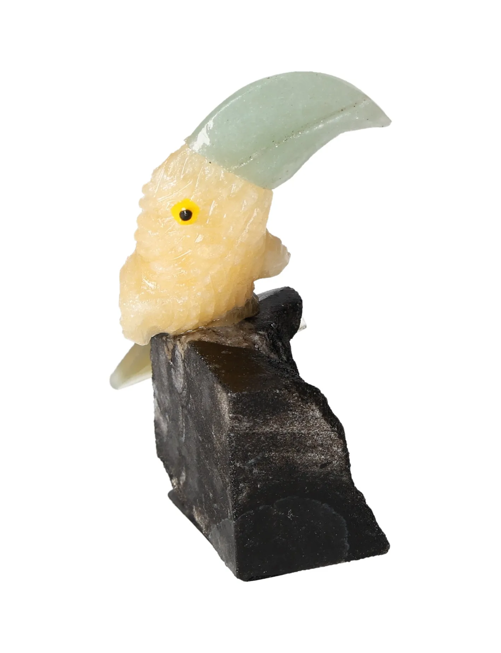 Yellow Calcite Toucan on Tourmaline 636254 sculpture for positive energy and motivation.