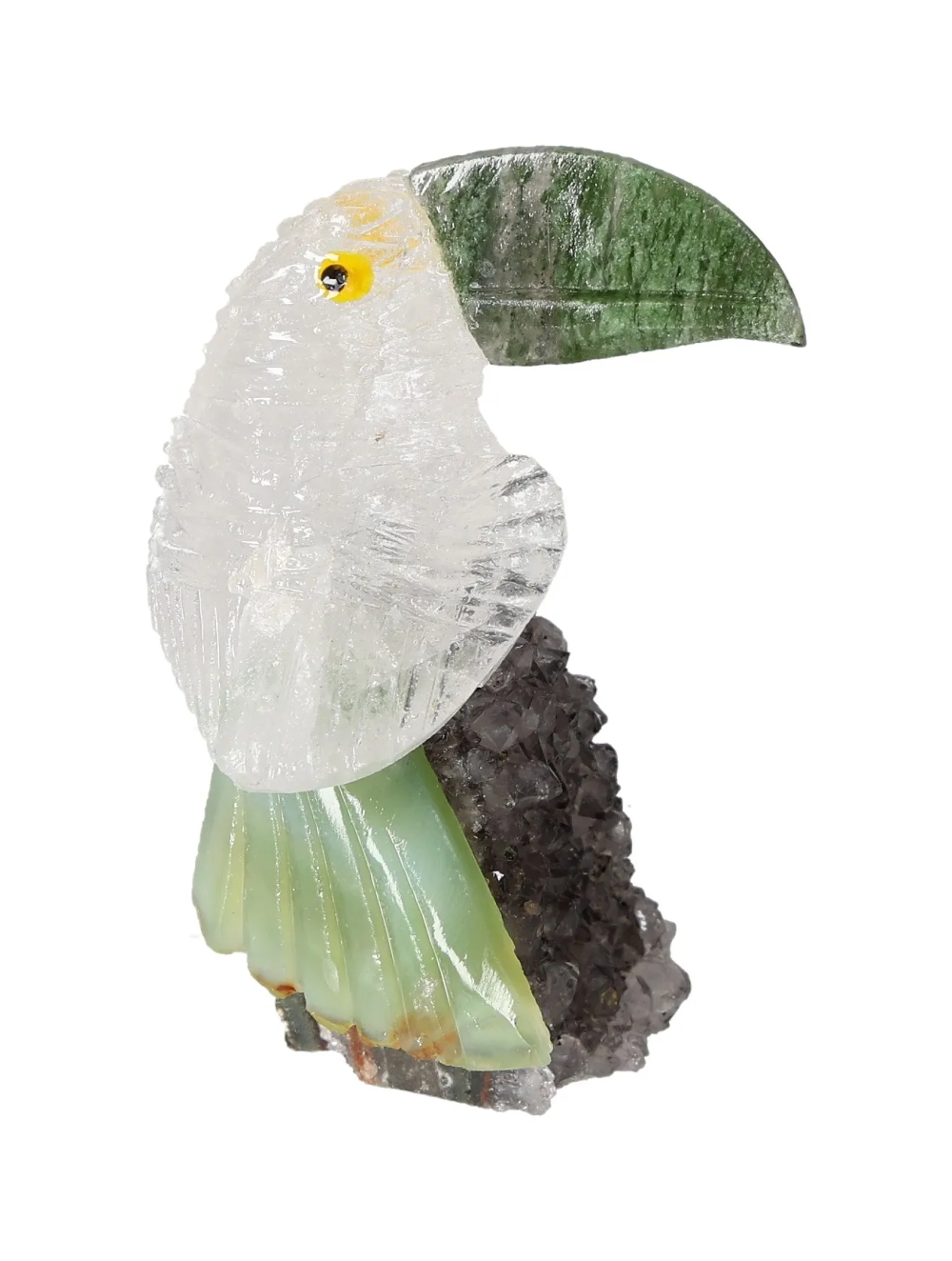 Rock Quartz Toucan on Quartz 636261 sculpture with unique energetic properties for chakras and zodiacs.