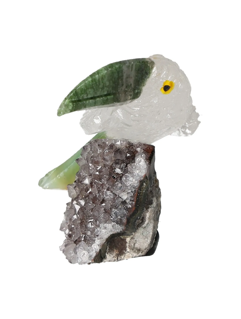 Rock Quartz Toucan on Quartz 636261 sculpture showcasing unique chakra and zodiac properties