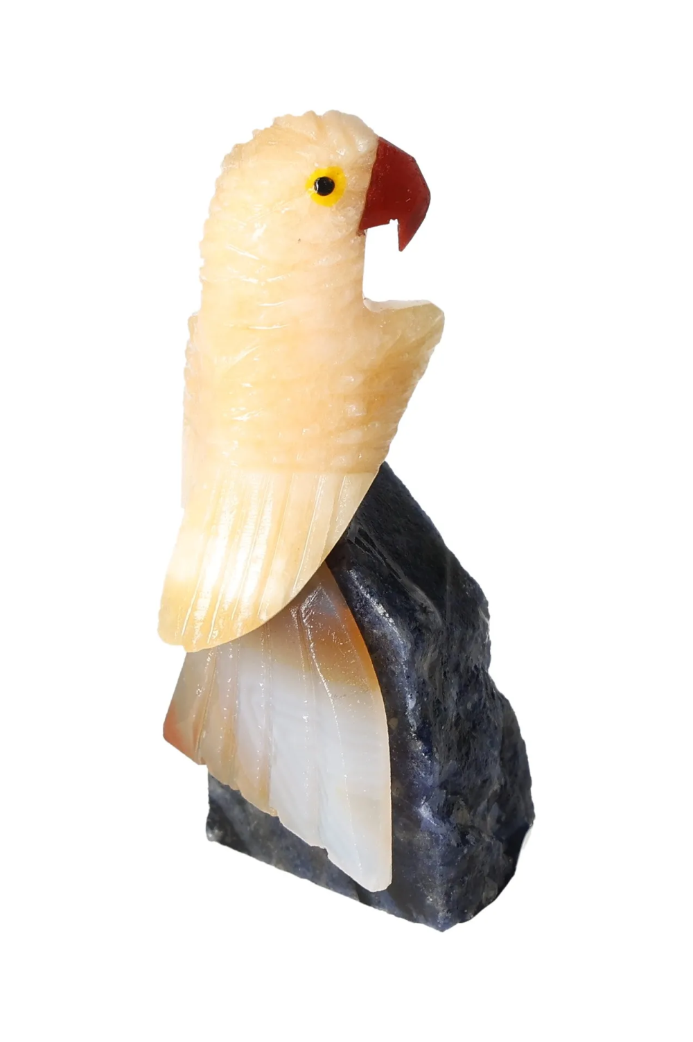Yellow Calcite Parrot On Sodalite 636322 gemstone sculpture symbolizing creativity and clear thinking.