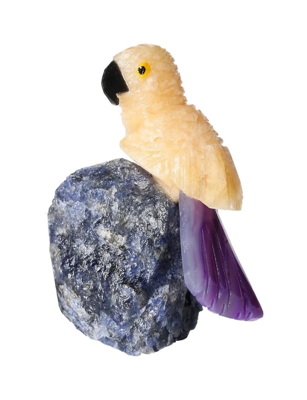Yellow Calcite Parrot On Sodalite 636339 crystal sculpture for creativity and clear thinking, enhancing problem-solving abilities.