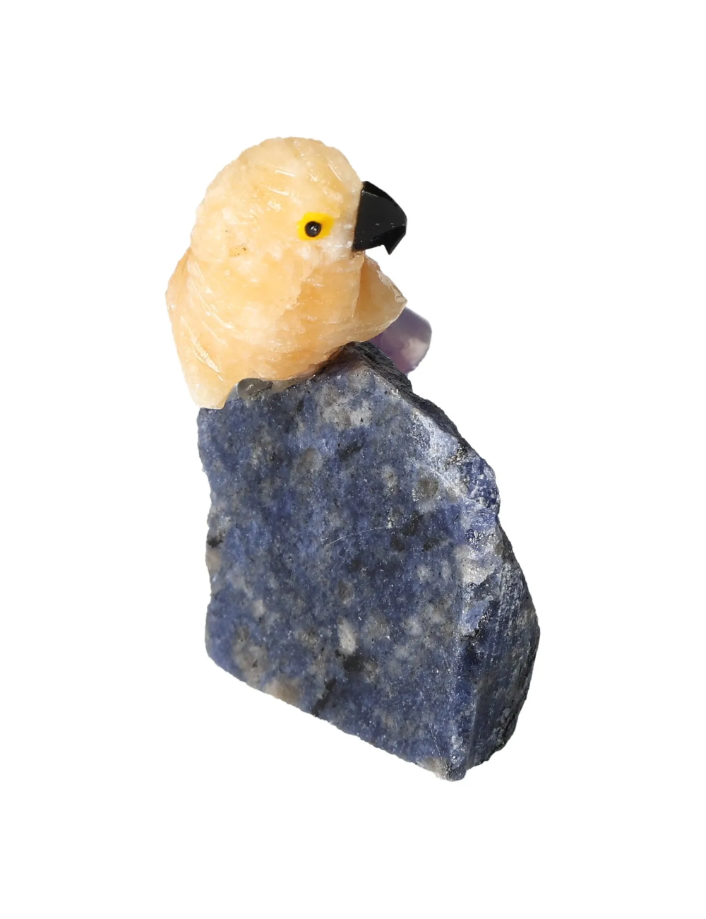 Yellow Calcite Parrot on Sodalite 636339 sculpture, symbolizing creativity and clear thinking, enhancing problem-solving and resilience.
